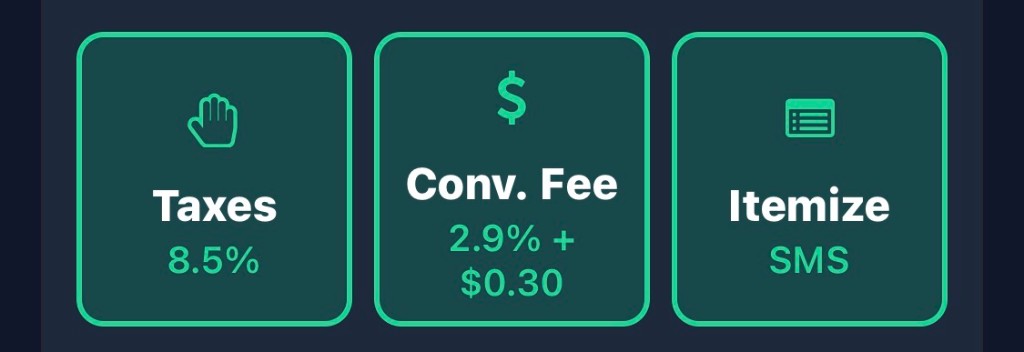 PayXT dashboard tiles showing tax at 8.5%, convenience fee of 2.9% plus $0.30, and SMS itemization
