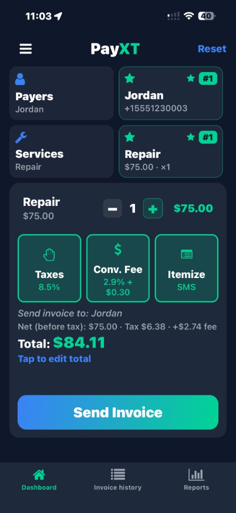 PayXT dashboard with a repair invoice totaling $84.11 ready to send by SMS