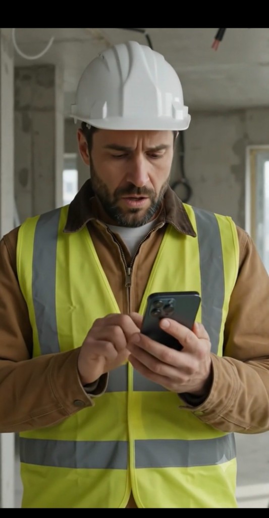 Independent plumber on a job site reviewing a PayXT invoice on his phone